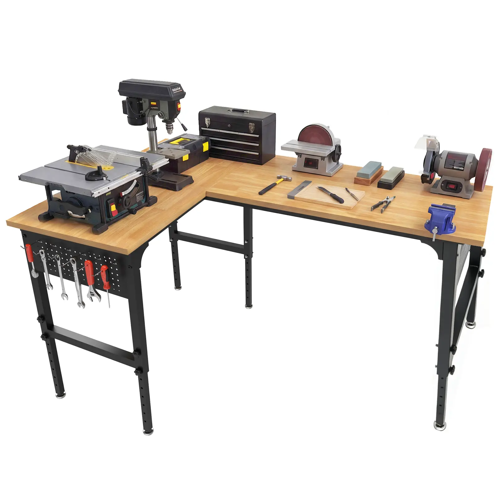 70"x47" L-Shaped Heavy Duty Work Bench, 3300 LBS Load Capacity Heights Adjustable Workbench, Work Benches for Garage with Power Outlet & Pegboard, Rubber Wood Work Table for Office, Workshop, Home