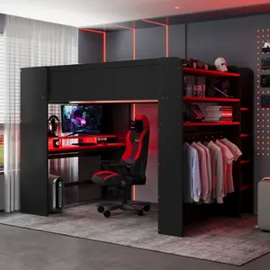 Red Full Size MDF Wood Gamer Bunk Bed - Pre-Drilled, Height-Adjustable Desk, Wardrobe, Ample Storage Drawers, RGB Lights, Cable Management for Immersive Gaming Setup