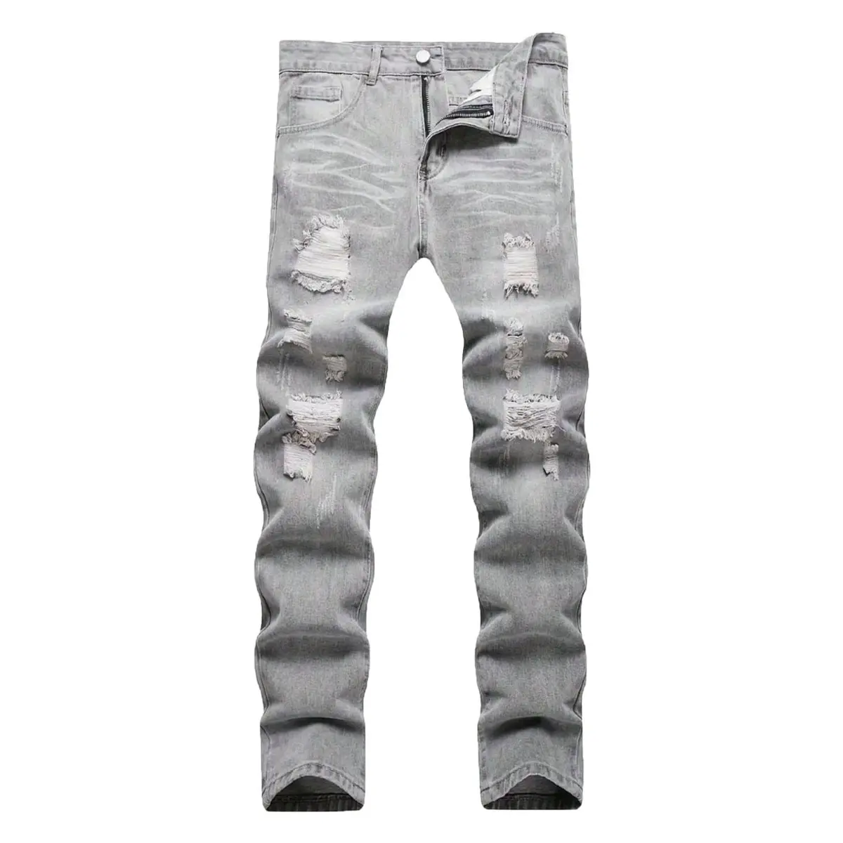 Men's Grey Ripped Streetwear Jeans - Menswear Fashion Trending Slim Fit Denim Trousers with Pocket, Comfortable All-Season Casual Wear, Fathersdaygift, Classic, Buttons, Minimalist