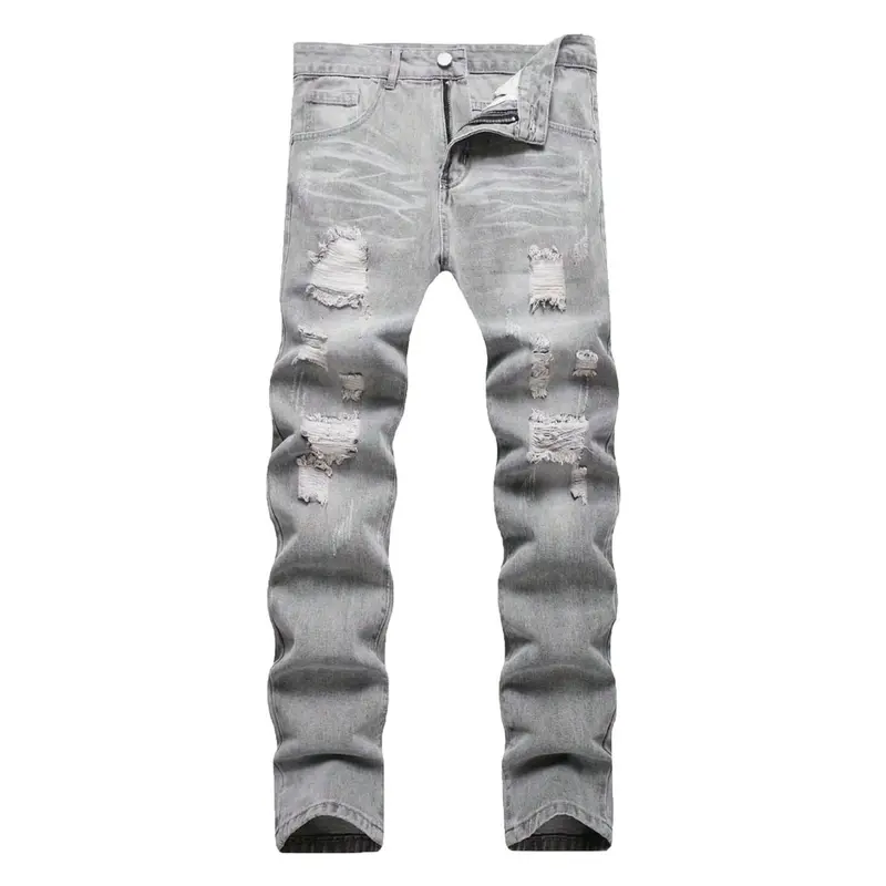 Men's Stylish Classic Tailored Grey Ripped Slim Fit Distressed Denim Jeans Pants - Trendy Menswear Streetwear Clothing, Decorated with Pockets, Buttons, Embroidery, Machine Washable All-Season Casual Denim Look Fathersdaygift