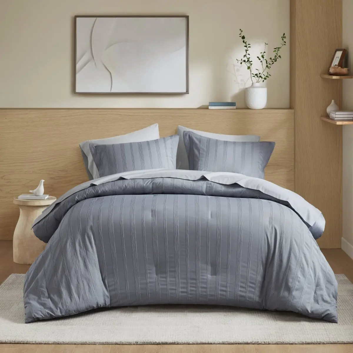 360 stand AM10-0556 Modern Woven Striped King Size Comforter Full Set - Blue & Gray, Polyester Weave, Breathable Fill, for Modern Home Decor, Stripes, Brushed Microfiber Reverse, Full Size Comforter, Microfibre, Clean Lines, Machine Wash