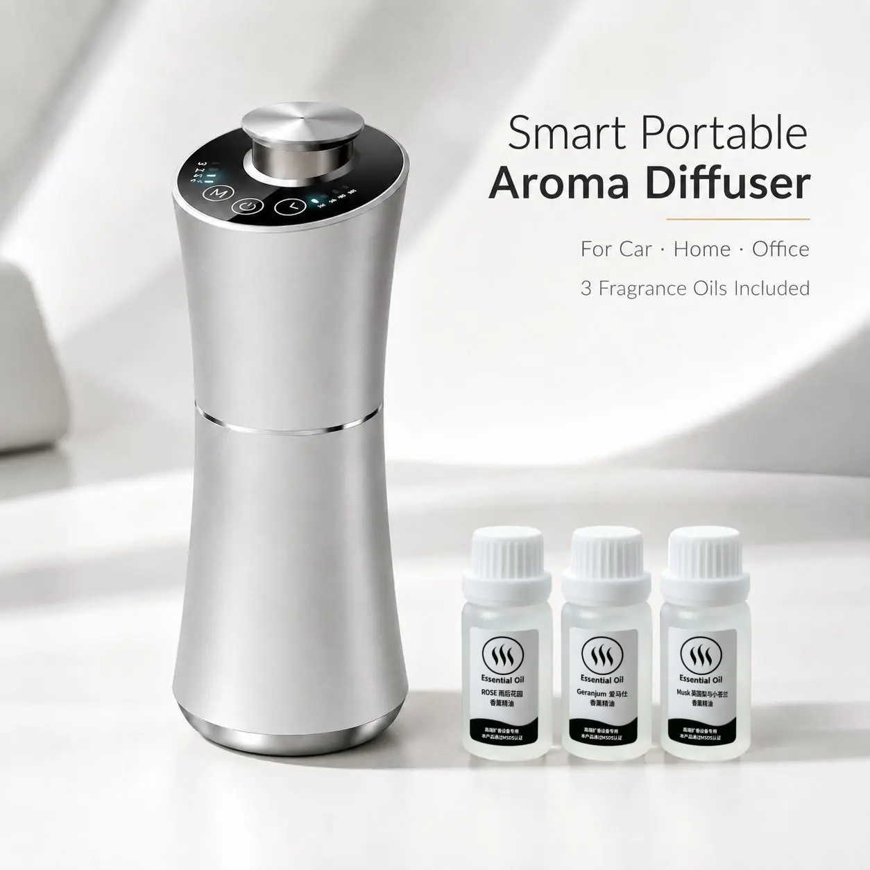 Waterless Essential Oil Diffuser, Nebulizer with Rechargeable Battery or Plug-in Powered, Ultra Long Battery Life, Auto Start-Stop Aromatherapy Scent Machine for Car Home Office, Gift, 3×10ml Fragrance Oils Included