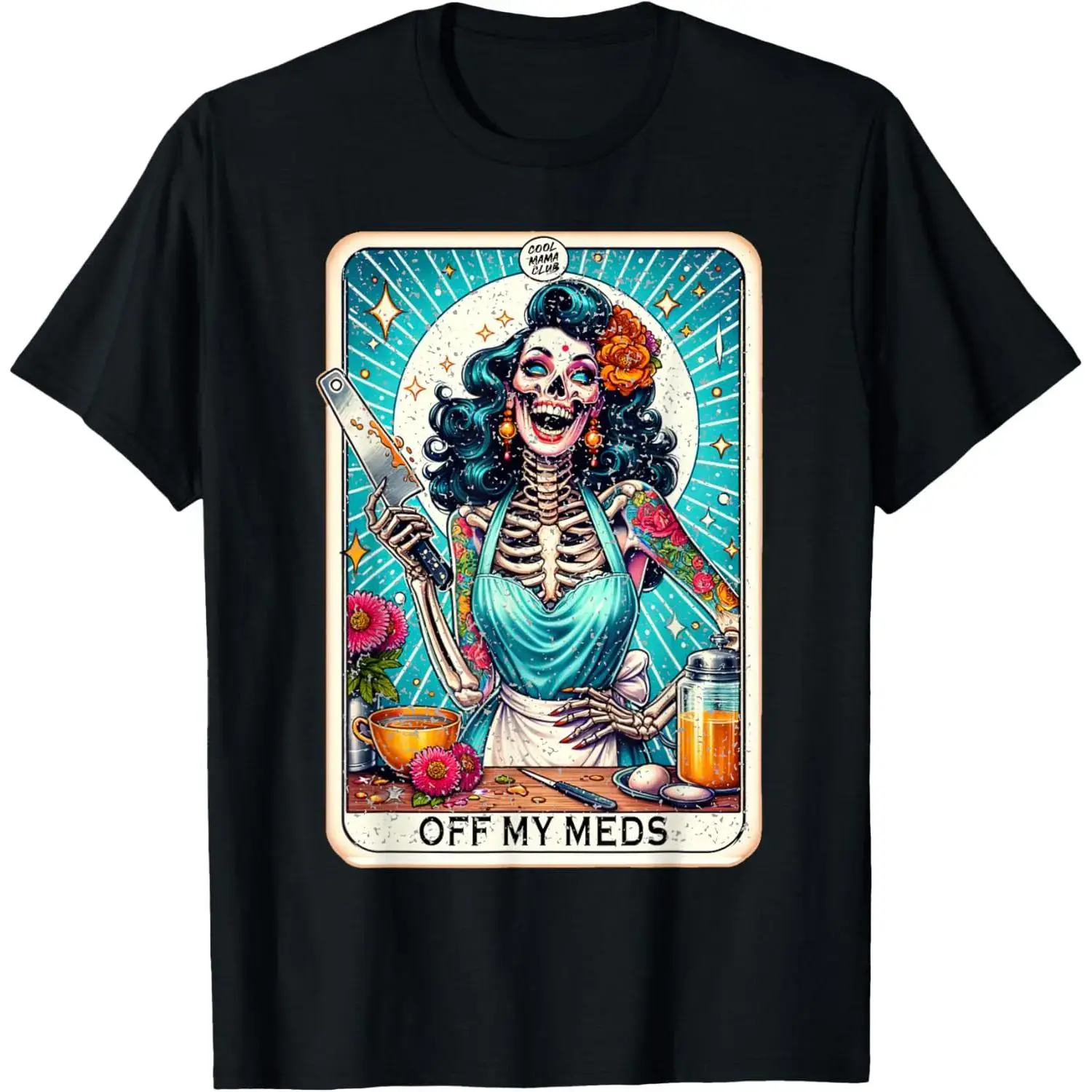 Men's Short-Sleeve Round Neck Humorous Off My Meds Unhinged Tarot Card Print T-Shirt - USA-Designed Menswear Tops, Shortsleeve, Chinese New Year, Childrens Day, Valentines Day, Fitted, Cotton, All Over