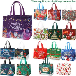 32 PCS Christmas Gift Bags with Handles Reusable Non-Woven Holiday Totes Assorted Festive Prints Perfect for Xmas Decor & New Year Gifting Unisex Eco-Friendly Durable 16 Styles in One Order Heavy-Duty Foldable compact Water-Resistant Shopping