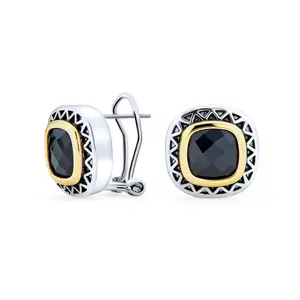 Timeless Black Onyx Cubic Zirconia Two Tone Square Cushion Omega Earrings Silver Gold Plated