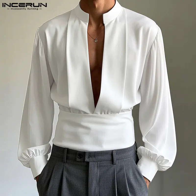 INCERUN Men's Basic Deep V-Neck Shirt, Avant-Garde Solid Color Long Sleeve Polyester Fabric for Leisure, Shirts,back to school,back to school shopping