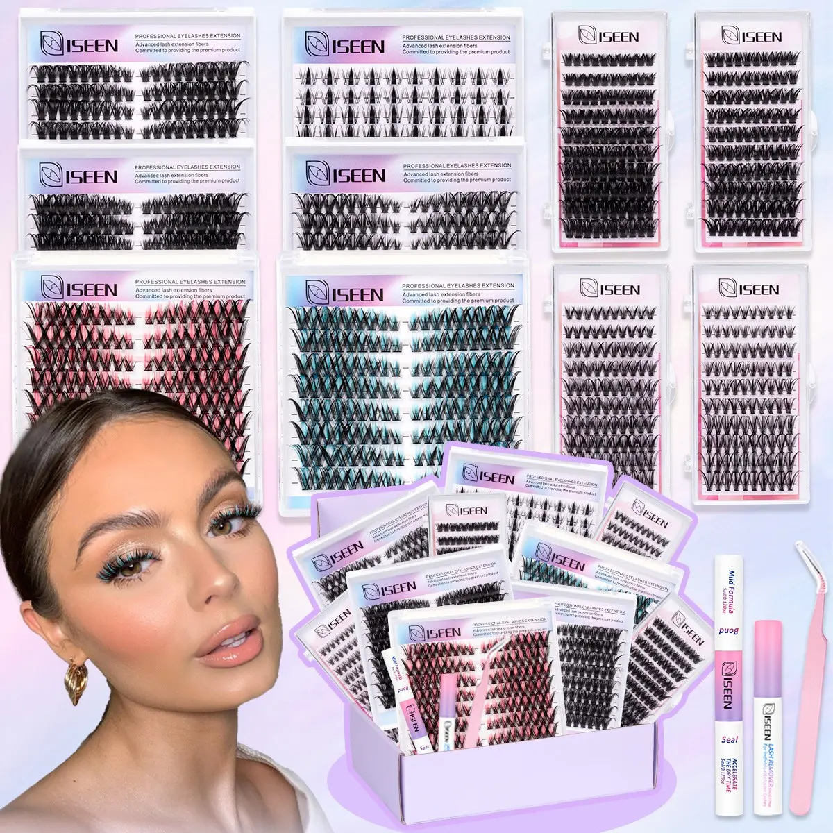 Mixed Length False Eyelashes with Glue and Sealant, Natural Lash Extension, Bionic Cluster Lashes, Eyelash Clusters for Enhanced Look, Cosmetics, Eyelash Extensions, Eyelash Extensions Kit, Eyelash Falsies