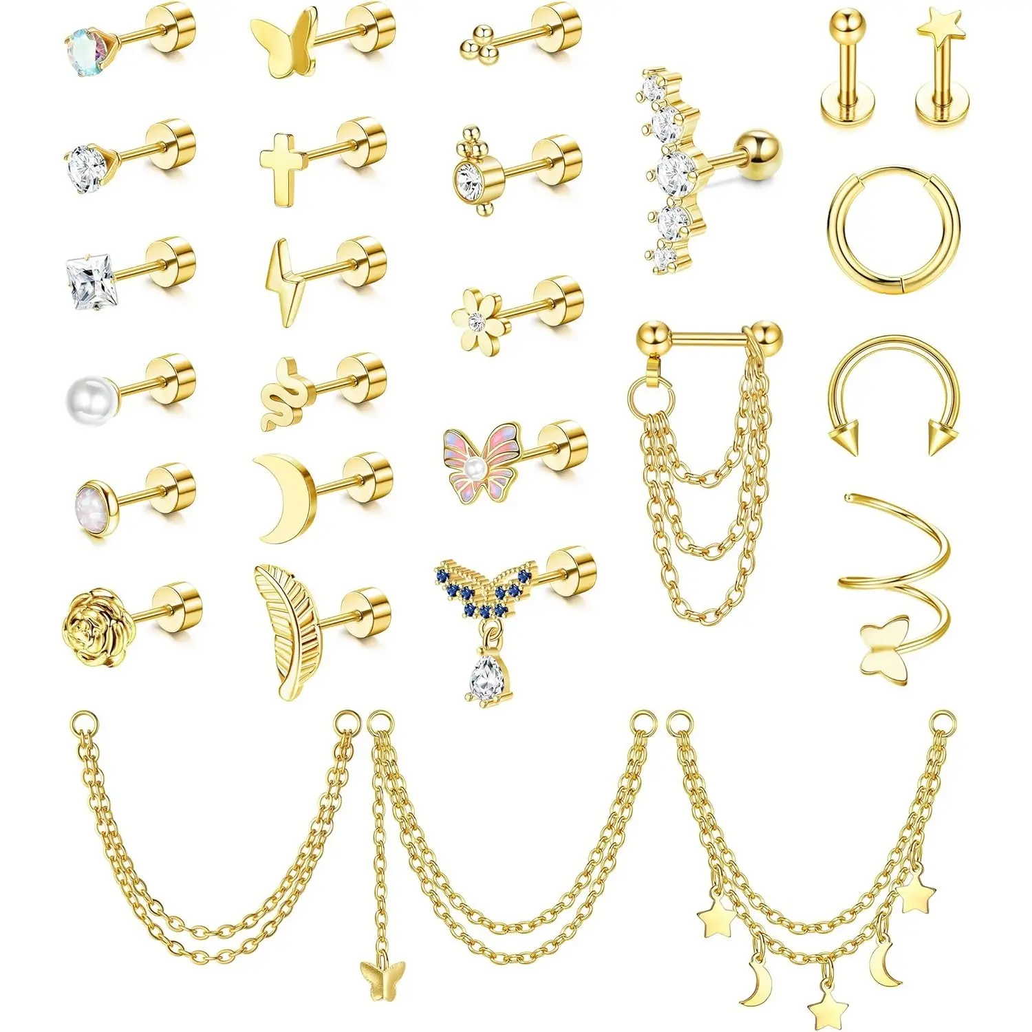 FIASASO 27Pcs 16G Hypoallergenic Surgical Steel Flat Back Earrings Set, Dainty Stack with Chain Dangles & Twisted Bars, for Women’s Cartilage Tragus Daith Helix Piercings, Daily Wear Jewelry