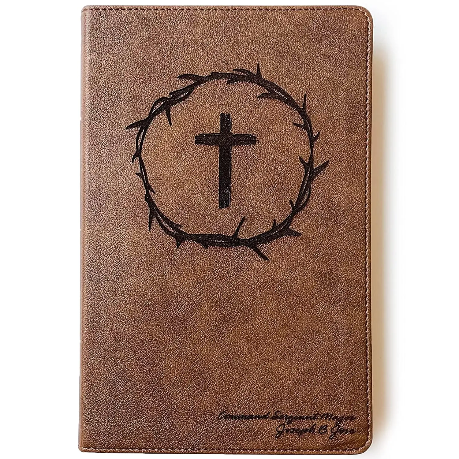 Personalized KJV Large Print Bible - Brown - Cross with Crown of Thorns - Hand Lettered and Engraved Gold Gilded Pages