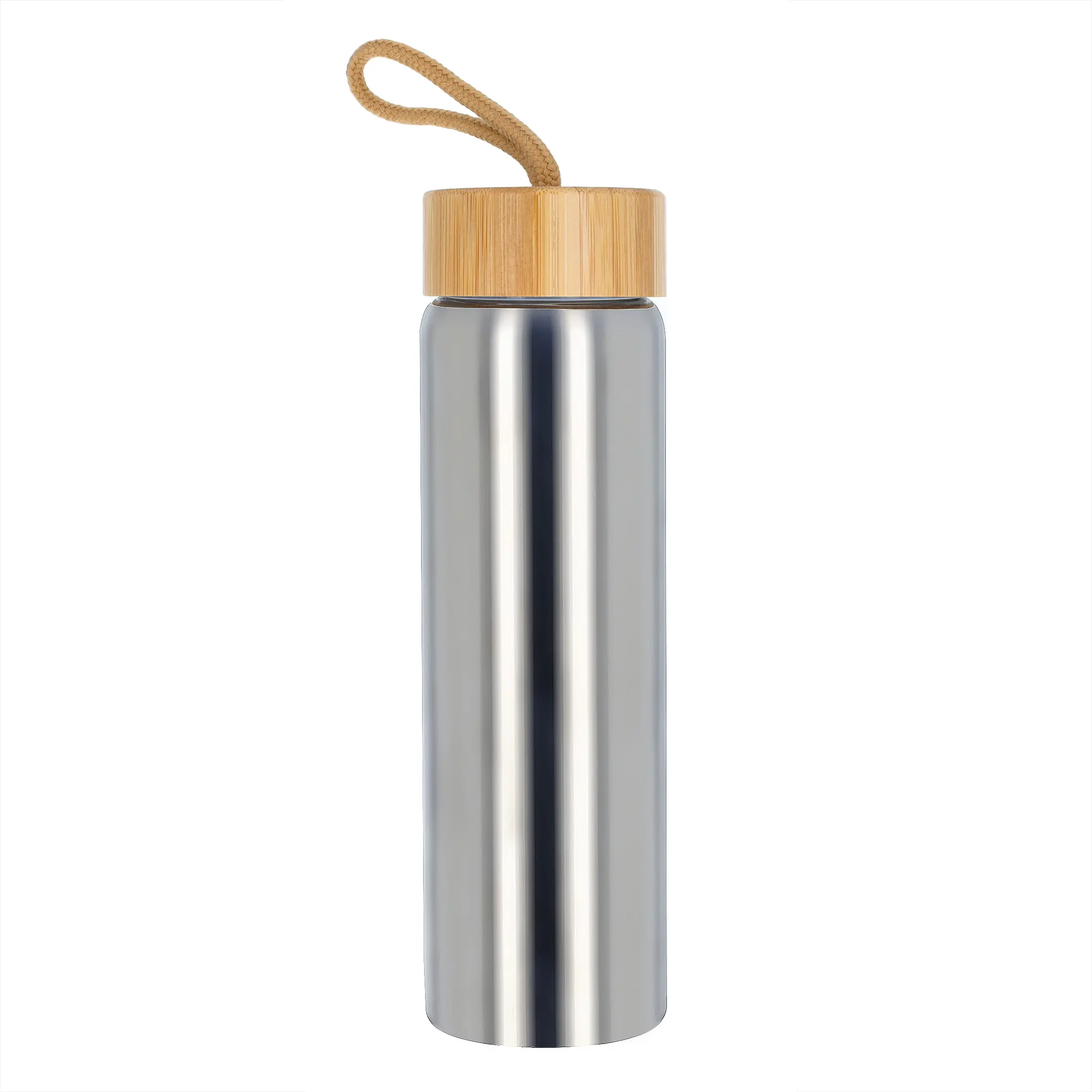 Beille 23oz Silver Chrome Borosilicate Glass Water Bottle - BPA-Free, Bamboo Airtight Lid, Portable, Reusable, Lightweight, Minimalist Glass Body Single Bottle for Daily Hydration (Kitchenware Drinkware)