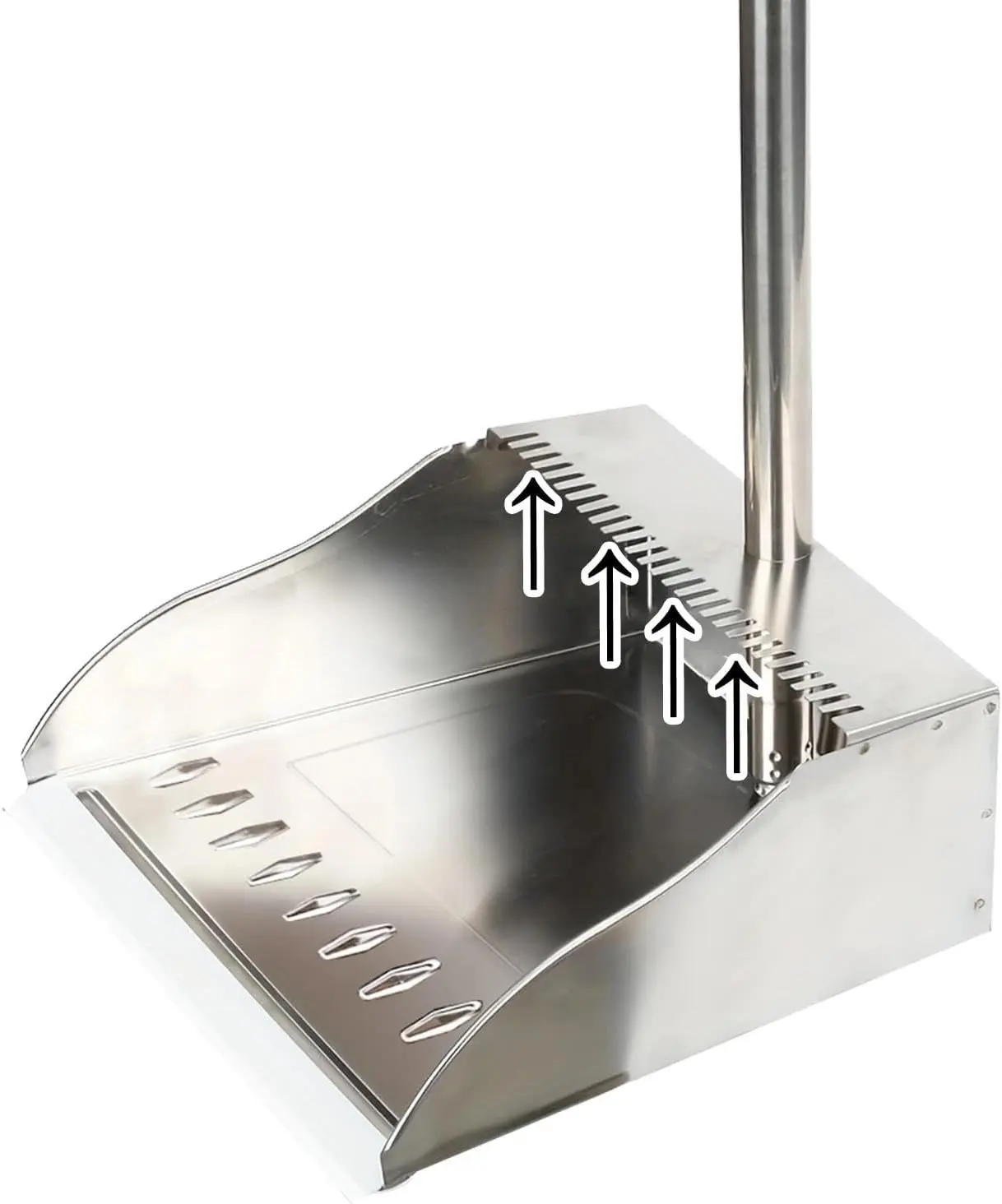 Long Handle Stainless Steel Metal Dustpan, Heavy Duty Standing Dust Pan with Teeth for Indoor Outdoor Home Kitchen Lobby Room Office