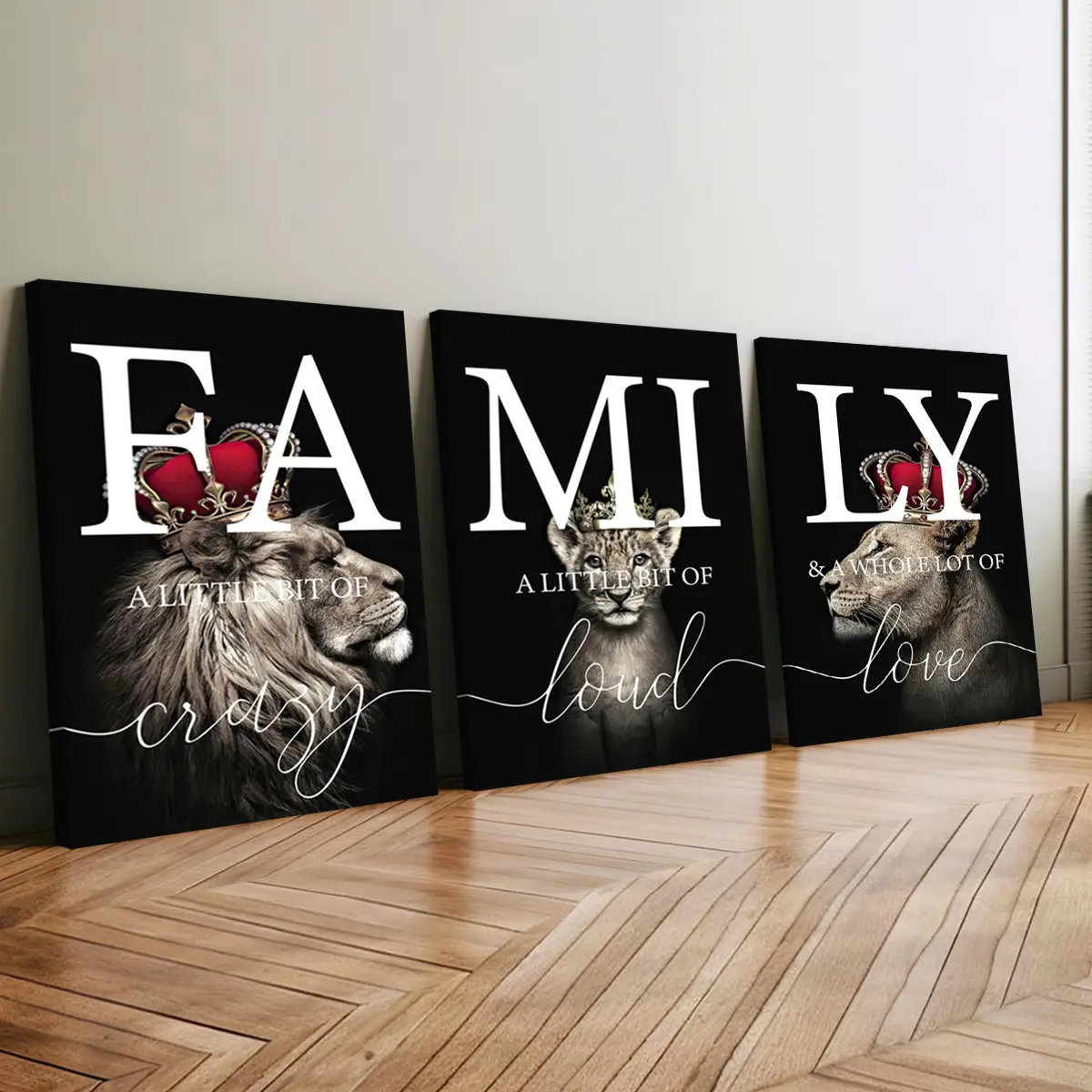 3Pcs Sturdy Wooden-Framed Artistic Canvas Print Set, Elegant Crown-Adorned Lion Family Wall Art, Odorless House Decor for Living Room, Bedroom, Bar (30*40Cm(11.8*15.7Inch))