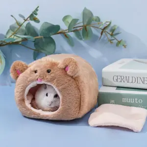 1Pc Brown Hamster Winter Warm Hammock Cute Bear House with Bed Mat Small Animal Cage Accessories for Small Animals, Hamster supplies, pet supplies，Hamster cage，"Love Bear", Hamster Cage Habitat
