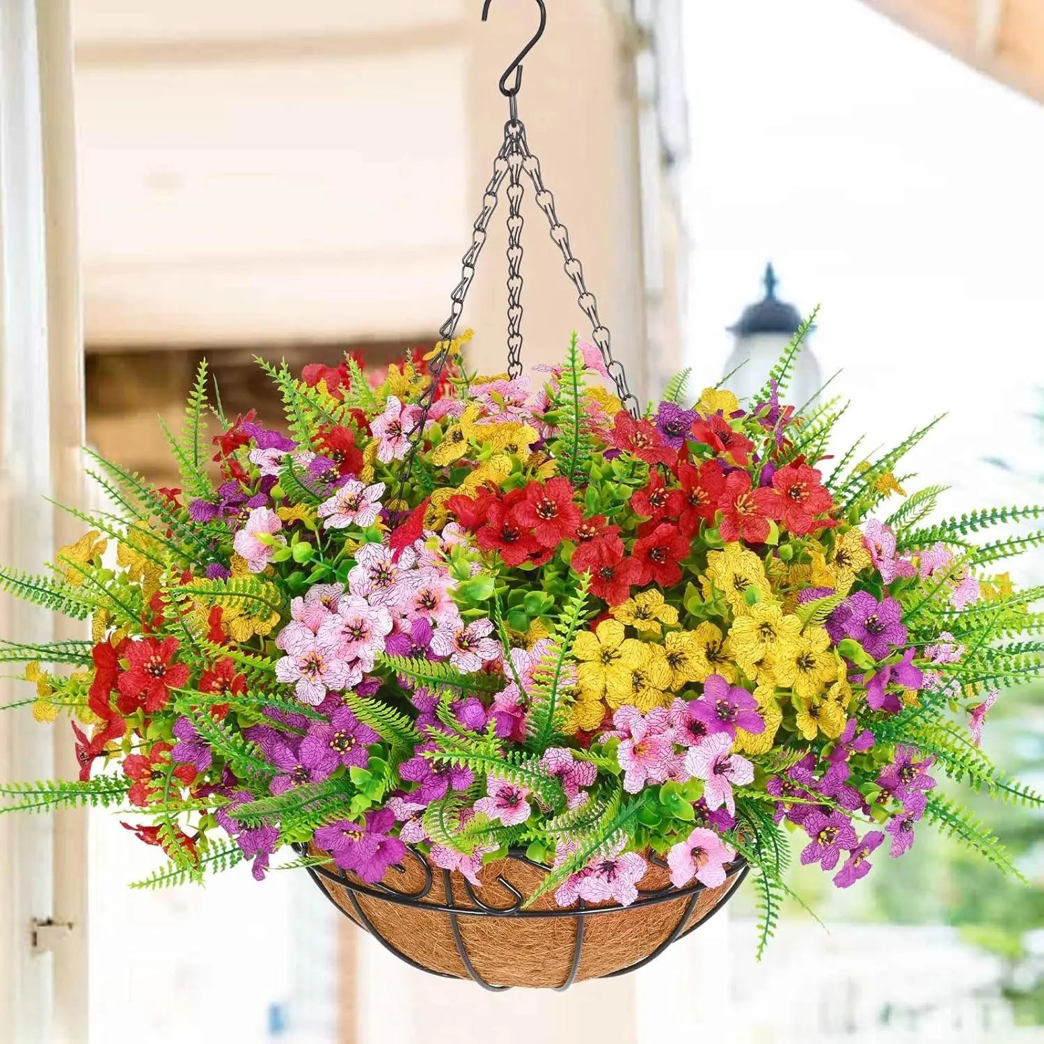 19.69-inch artificial hanging flower basket, Hanging Plant Basket, UV-resistant artificial roses, eucalyptus and Boston ferns are suitable for outdoor decoration, indoor and outdoor garden, porch, balcony and terrace decoration