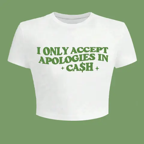 Women's " I Only Accept Apologies in Cash " Slogan Print Round Neck Crop Tee, Graphic Print Top, Casual Short Sleeve Crew Neck T-shirt for Daily Wear, Ladies Clothes for All Seasons, Daily Wear Tops, Printed Top, Round Neckline Top