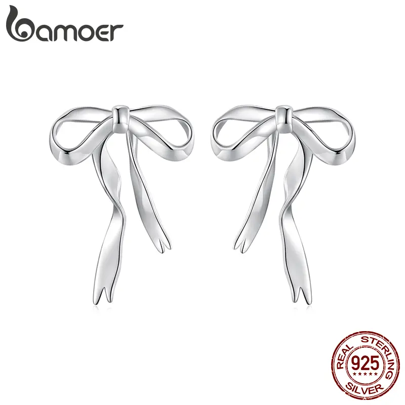 Solid 925 Sterling Silver Bow Stud Earrings for Women Bowknot Jewelry Simple Earrings BSE1172