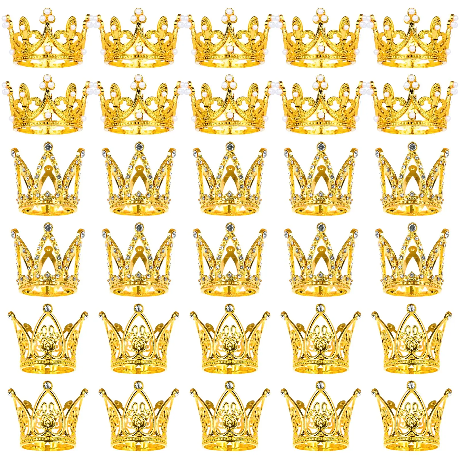Set of 30 Mini Crown for Flower Bouquets Birthday Crystal Pearl Tiara Gold Crown Cake Topper Accessories for Wedding Birthday Bridal Shower Party Cake Decor, 3 Styles