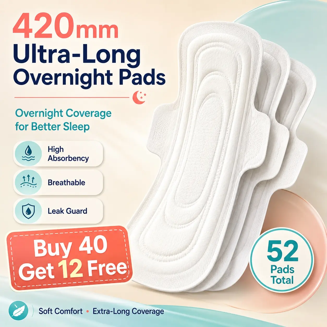 420mm Ultra-Long Overnight Pads, High Absorbency Sanitary Pads for Women, Leak Protection, Breathable & Soft, Extra Coverage for Better Sleep