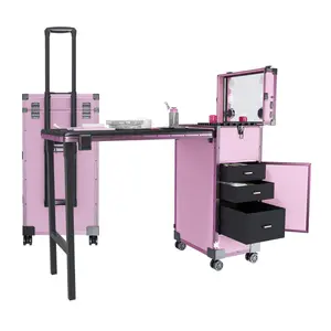 Portable Folding Nail Art Table with LED Mirror, Bluetooth Speaker, Lockable Drawers, Telescopic Pole, Mobile Manicure Pedicure Station for Salons & Home Use