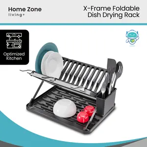 Home Zone Living Foldable X-Frame Dish Drying Rack with Drip Tray and Utensil Caddy