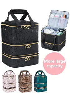 Makeup Storage Bag, Nail Polish Organizer Bag, Travel Cosmetic Bag, 3 Layers Nail Kit Organizers and Storage Case Holds 60 Bottles and Nail Lamp, with Handles, Large Shoulder Bag Travel Carrying Case Box for Nail Supplies, Zip, Cosmetic Travel Bags