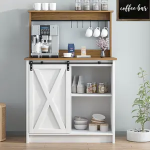 HOMBCK Farmhouse Coffee Bar with Hutch, Buffet Cabinet with Sliding Barn Door, Storage Bar Cabinet with 6 Hooks, Coffee Bar Table with Adjustable Shelves for Living Dining Room