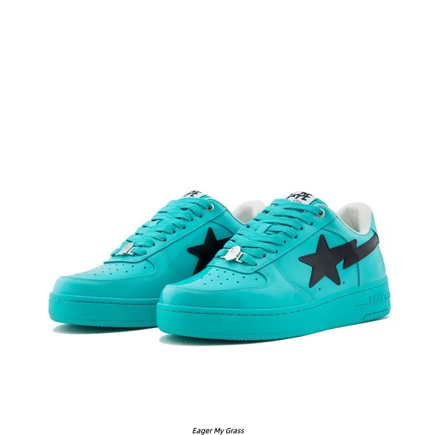 Solid Tiffany Blue Mirror Gloss PU Casual Skate Sneakers for Men Women, Full Matching Flat Cushion Sole Shock Absorb Non-Slip Rubber Daily Walking Board Shoes