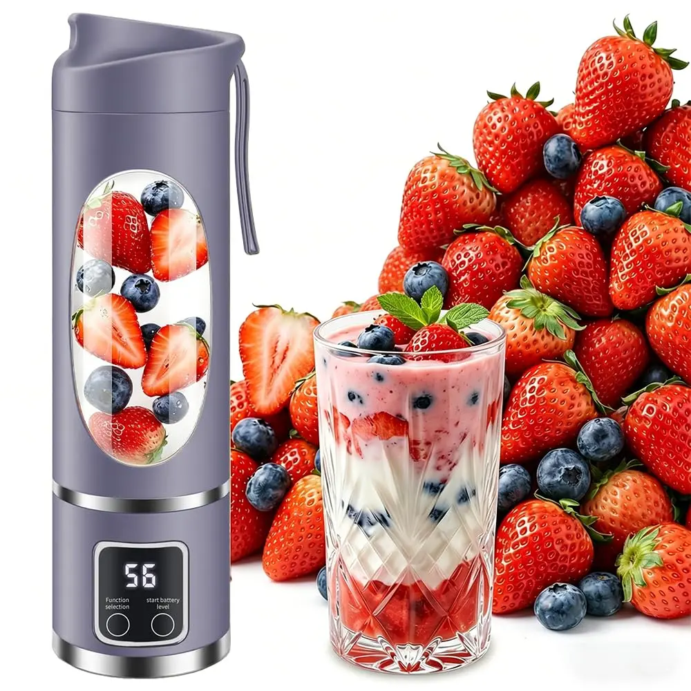 15.22oz Portable Personal Blender with 12 Blades, Rechargeable Purple | BPA-Free & Food-Grade Materials, Self-Cleaning Function, Smart Timer Display, USB-C Charging, Ideal for Smoothies & Shakes