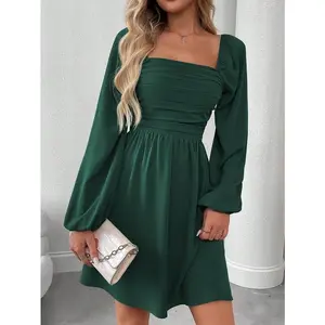 Dark Green Mini Dress - Ruched Lantern Sleeve Fall Dress for Women