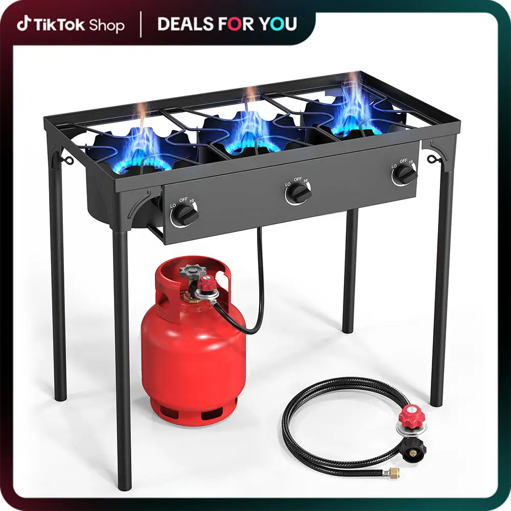 #TikTokShopRestock GEEKHOM Propane 3 Burner Camp Stove Outdoor High Pressure Propane 2 Burner Adjustable PSI Regulator and Steel Braided Hose With Rem