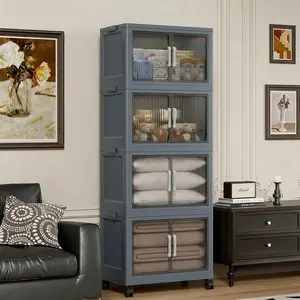 MultiLayer Stackable Storage Cabinet No Assembly Transparent Door Pulley Movable Storage Box Living Room Bedroom Toy Book Sundries Multiuse Organizer