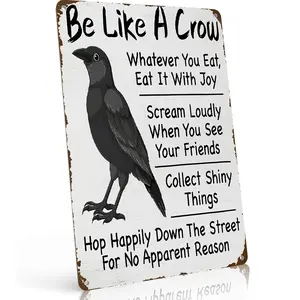 "Be Like A Crow" Inspirational Metal Sign, Whimsical Retro Wall Art & Bedroom Decor for Kitchen, Living Room, Cozy Nook & Bird Lovers.8*12 Inch Aluminum, Distressed Vintage Style, Waterproof & Rust-Free, Ideal Gift for Bird Enthusiasts,home decor wall art
