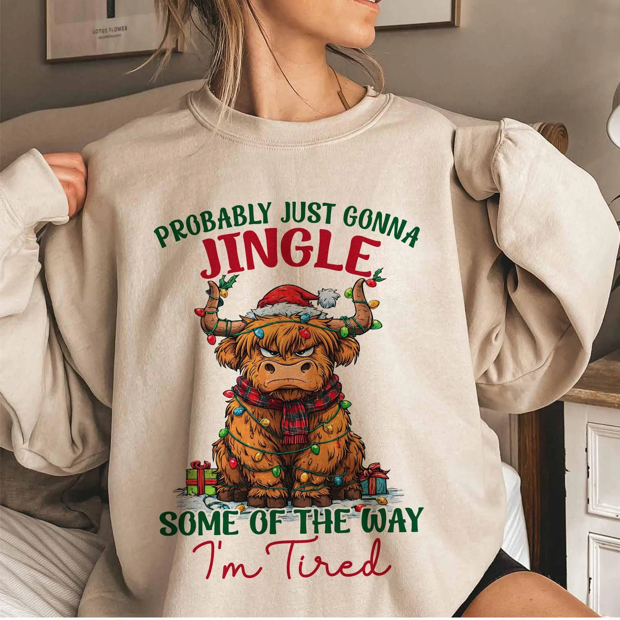 Funny Christmas Highland Cow Sweatshirt, Probably Just Gonna Jingle Some Of The Way I’m Tired Shirt, Xmas Cow Gift for Women