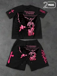 Unisex Loose Fit Angel Thorn Cross Heart Print Set, Y2K Street Style T-Shirt & Shorts, Casual Graphic