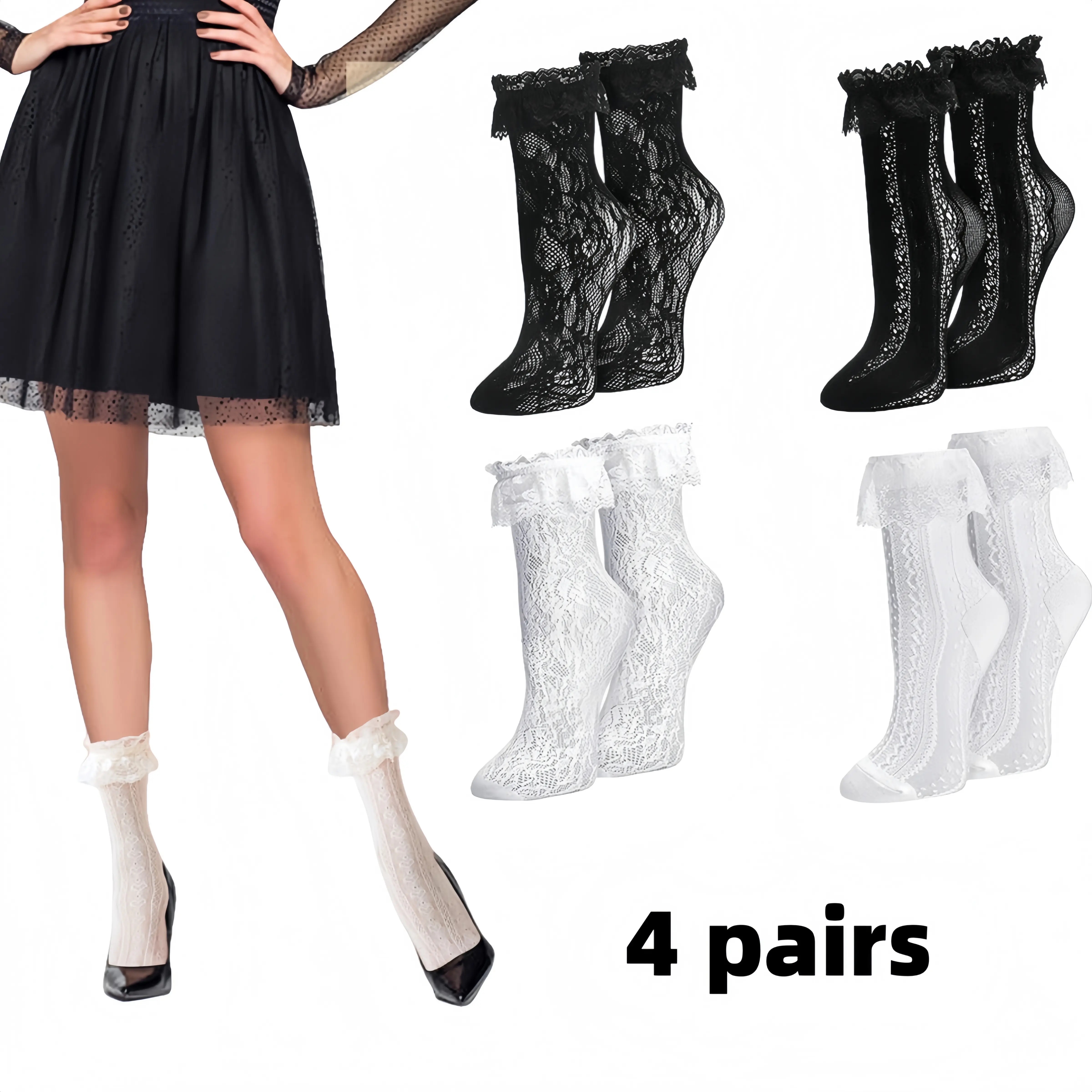Womens Lace Ankle Socks Ruffle Frilly Dress Socks Sexy Mesh Lace Trim Lolita Sock Lacy Ruffled Bootie Sock for Woman