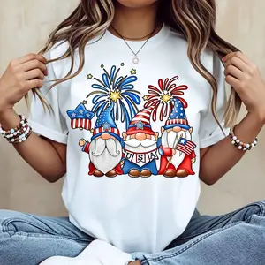 Crewneck T Shirt White Patriotic Gnomes With Fireworks And Usa Flag Print For Independence Day Celebration
