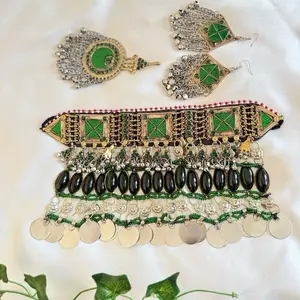 Green Afghan jewelry سیت سبز بدون دستبند