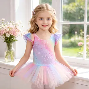 Girls Rainbow Gradient Star Ballet Leotard Tutu Dress | Ruffle Sleeve Dancewear for Ballet Class & Toddler Recital