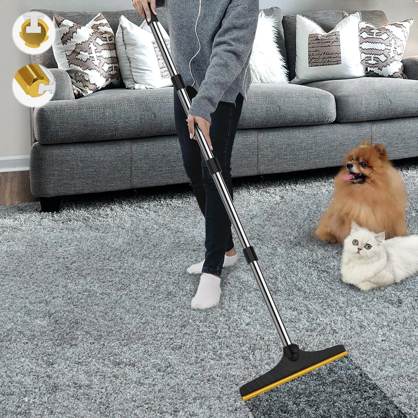 Pet Hair Removal Broom, 1 Count Reusable Carpet Rake with 60'' Long Handle, Advanced Pet Hair Removal Broom, Lint Remover Scraper for Carpets, Rugs, Mats, Couch, Deshedding Tool, Cleaning
