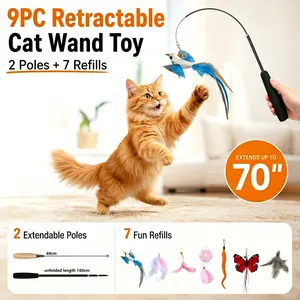 9 In 1 Retractable Cat Toy Wand, Interactive Teaser with Simulated Bird & Butterfly,  Automatic Self-Play Toy for Indoor Cats for Continuous Entertainment
