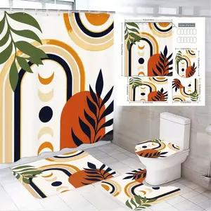 1/4pcs Bohemian Geometric Plant Bathroom Set - Shower Curtain Sets + Toilet Seat Cover + Bath Mat + Bidet Mat, Vibrant Orange Black Yellow Green Leaves Pattern, White Base, Perfect for Spring/Summer Bathroom Decor & Festive Housewarming Gifts
