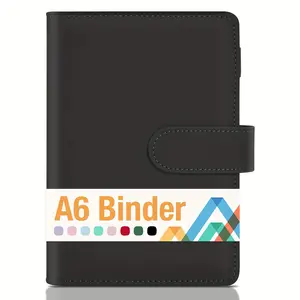 A6 notebook binder, 6-ring loose-leaf notebook, stylish design, loose-leaf personal organizer, magnetic closure, faux leather binder, macaron colors, 7.48 inches x 5.12 inches, black