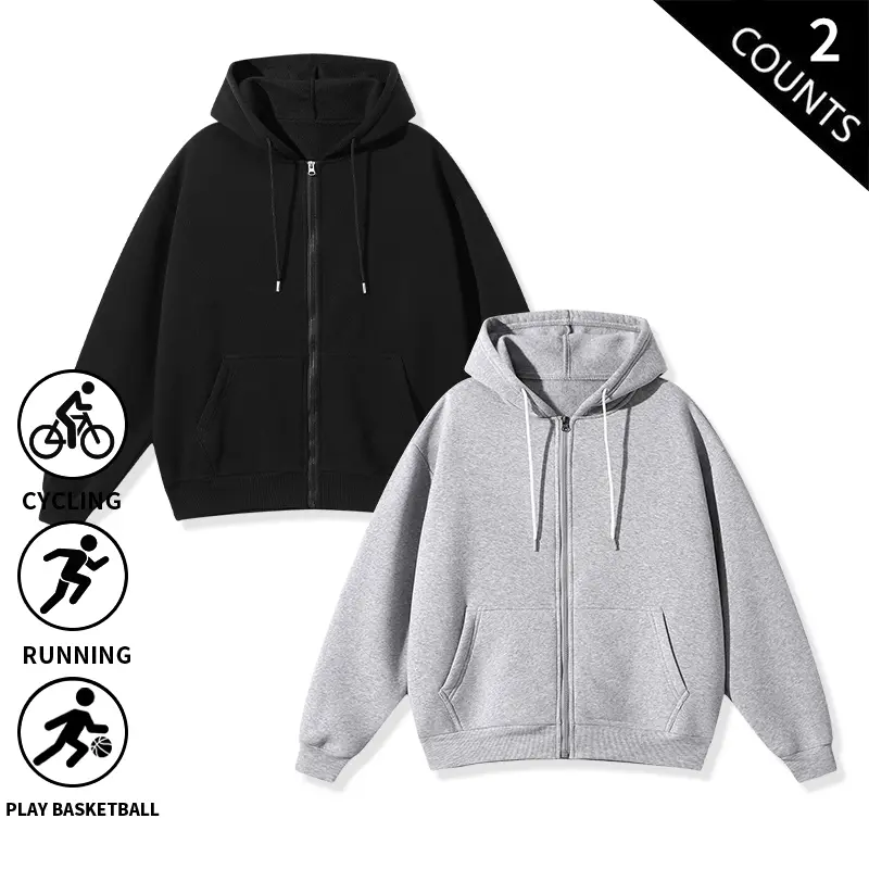 2-pack men’s zip-up hoodies, loose solid athletic hooded sweatshirt with pockets — sports jacket for outdoor workouts and casual everyday wear