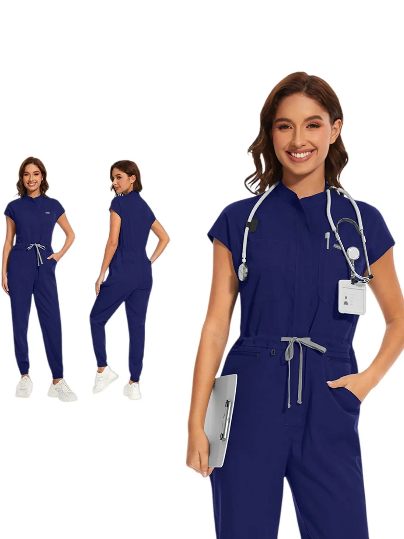 Multi Pocket Scrub Jumpsuit For Women Drawstring Waist Medical Workwear For Nurses