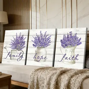 3 Counts Wooden Framed Canvas Painting, Purple Lavender Flower Family Hope Faith Images, Exquisite Poster, Perfect Living Room Decoration, Modern Art, Fashion Family Poster, Wall Art Decoration, Waterproof Art
