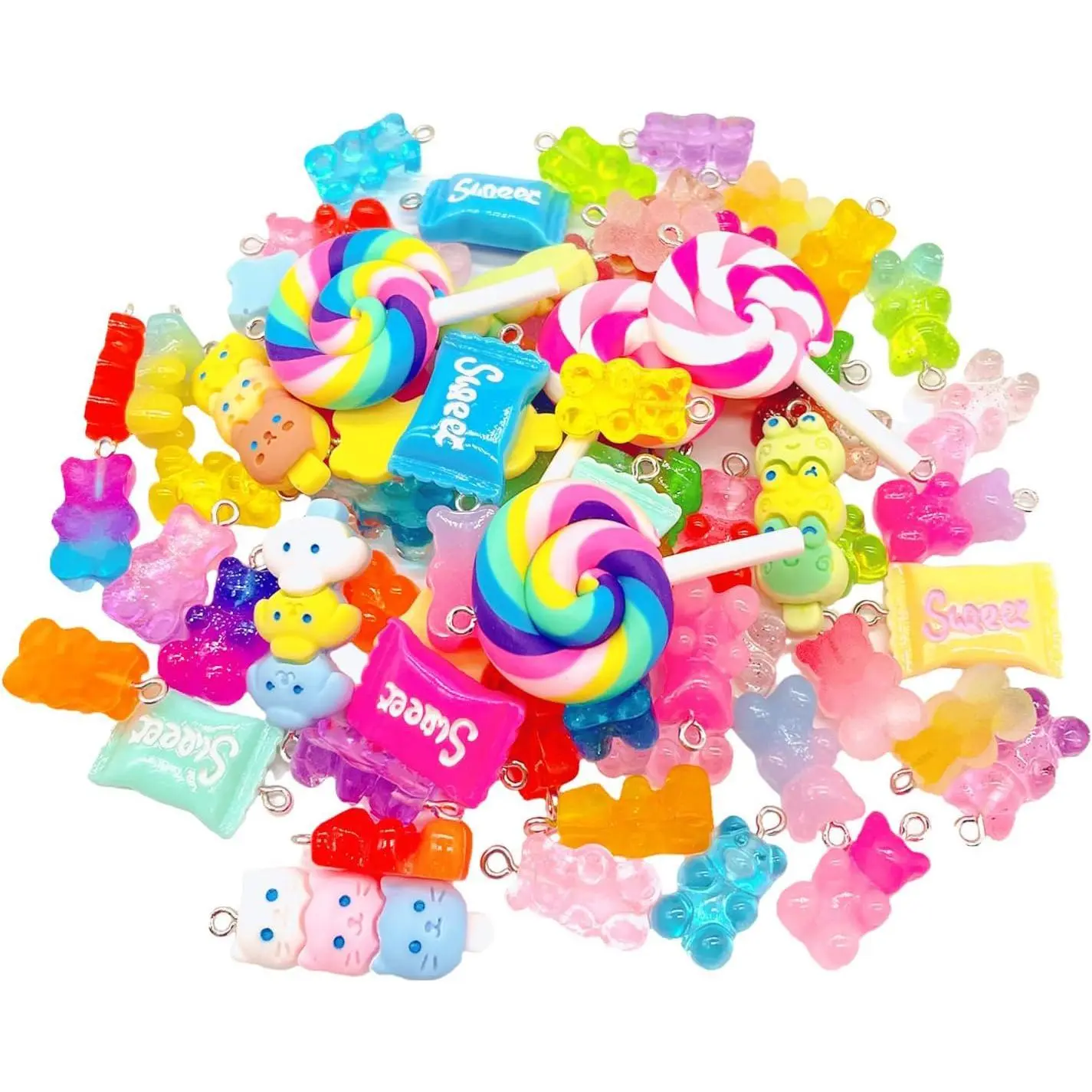 F-HDJ19 Kawaii Cute Resin Bulk Assorted Gummy Bear Charms with Flat Back, 50 Pieces Gradient Pendants for DIY Jewelry Making (Necklace, Earrings, Bracelet), 1.8*1*0.8cm Cap Decorations