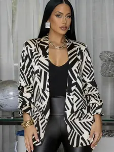 Women's Fashion Casual Jacket Blazer, Graphic Geometric Zebra Print, Loose Suit Style, Open Neck, Stacked Sleeves, Retro Modern Look, Womenswear
