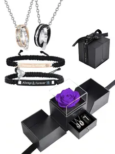 Valentine's Day Couple Jewelry Set with Rose Box, Including Rhinestones Decor Pendant Necklace & Heart Charm Bracelet, Adjustable Jewelry Set for Men & Women, Gift for Couple, Jewellery Gift Set, Mother's Day Gifts, Gift Set for Mothers, Gifts for Her