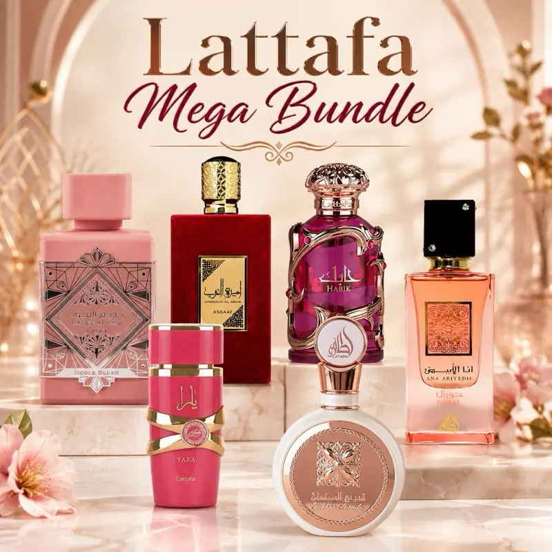 Lattafa Women's Mega EDP Spray Bundle (3.4 Oz Each) - Nobel Blush, Ameerat Al Arab, Habik, Coral, Yara Candy, Fakhar Women