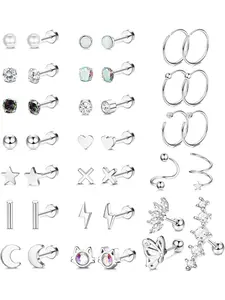 39Pcs Steel Cartilage Earrings for Women Multipack Stud Earrings Set Tiny Zirconia Star Flat Back Earrings Helix Piercing Jewelry Anti Tragus Jewelry Hypoallergenic Trendy Jewelry Earring Stack Zirconia Hoop Earrings Dainty Fashion Jewelry